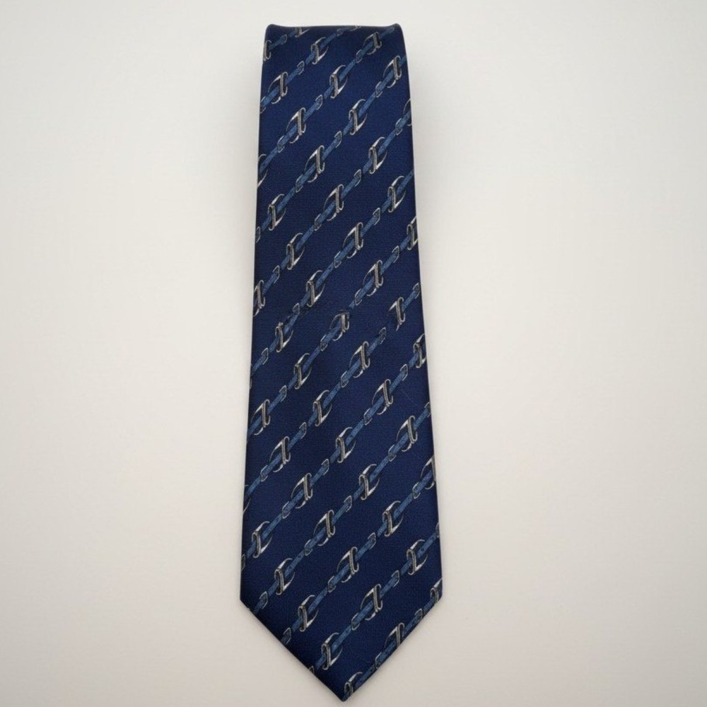 Authentic Hermès 100% Silk Tie – Blue Chain‎ Pattern – Excellent Condition